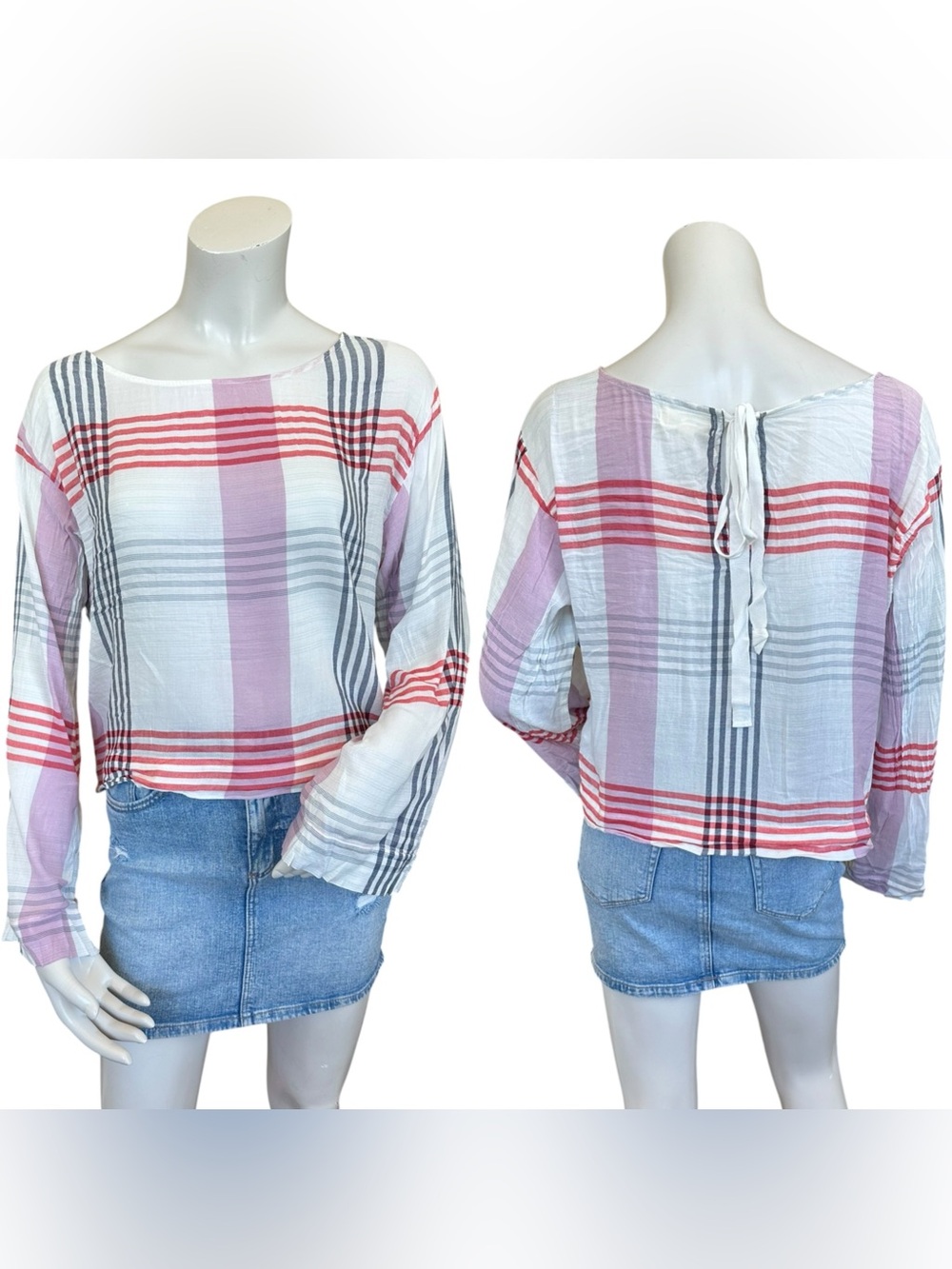 Anthropologie Cloth & Stone Pastel Plaid High Neck Boxy Cropped Tie Back Top Sm